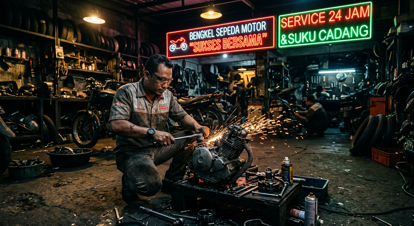 Mekanik Raja Bengkel Makmur sedang memperbaiki mesin motor